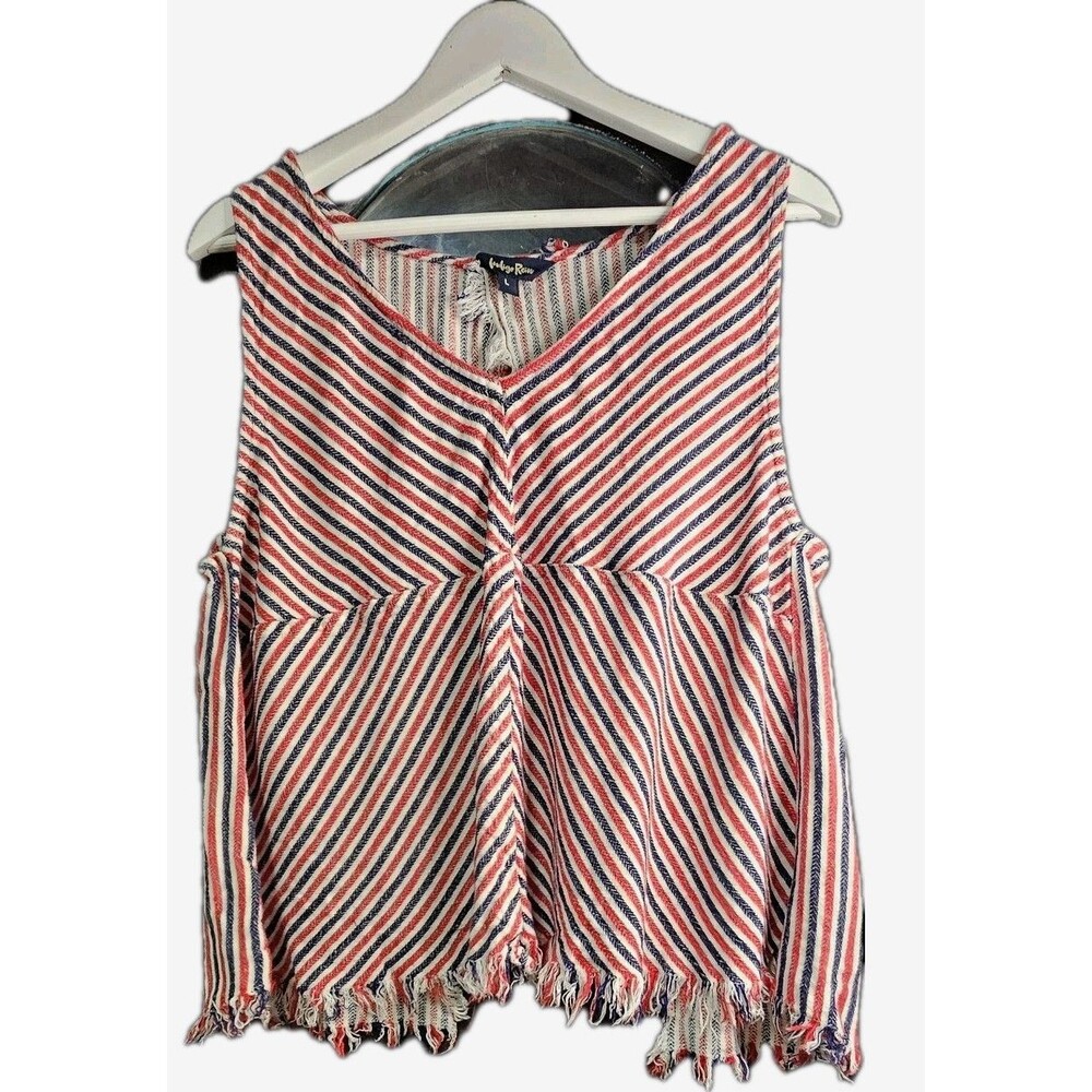 Coastal Cowgirl Patriotic Fringe Tank Top Cold Shoulder Boho Striped L